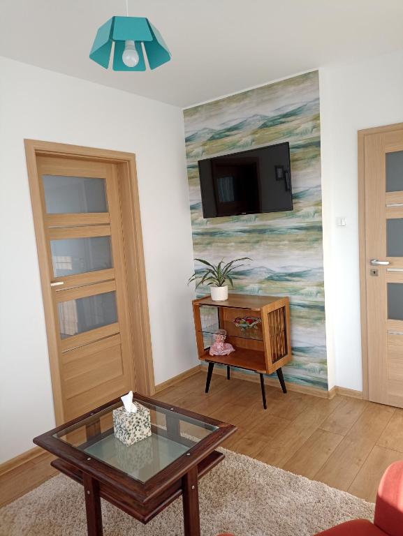 Televízia a/alebo spoločenská miestnosť v ubytovaní Apartament nad Jeziorakiem