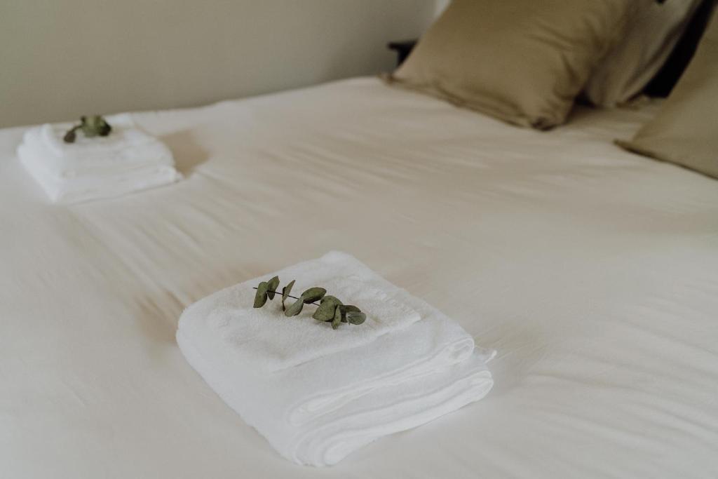 a white bed with two towels on top of it at B&B Oan't Wetter in Dokkum