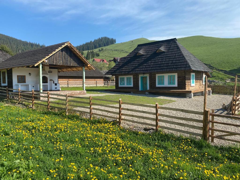 a couple of houses in a field next to a fence at Hygge Loft Bucovina in Vama