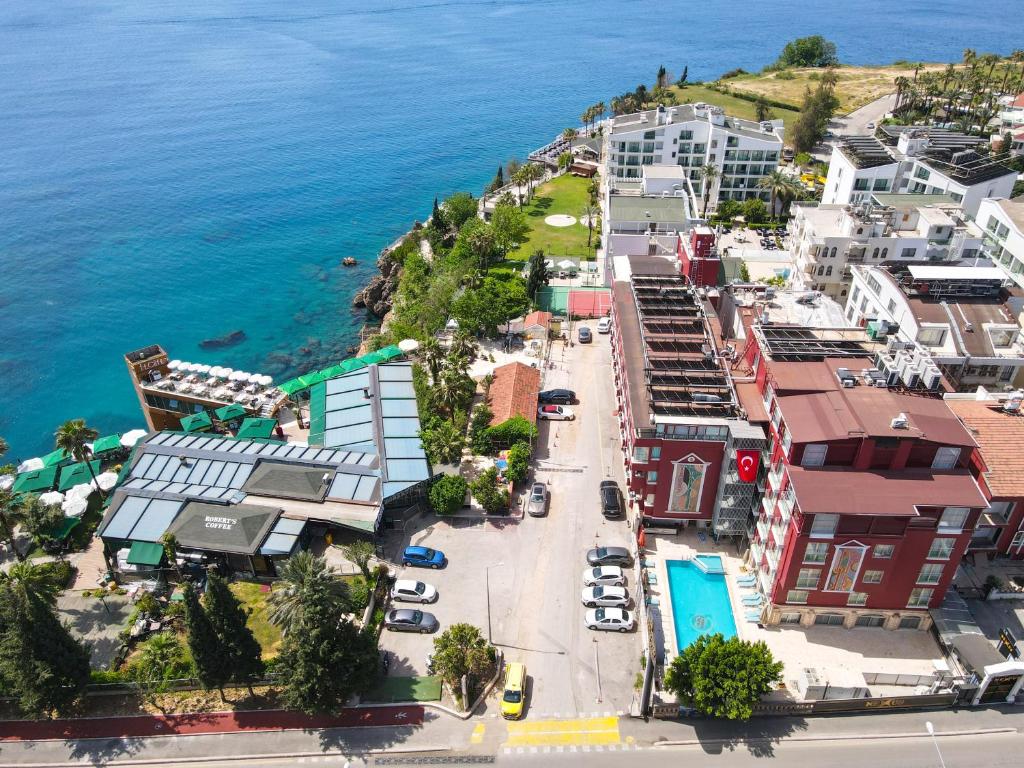 an aerial view of a town next to the ocean at Bilem Hotel Beach & Spa in Antalya