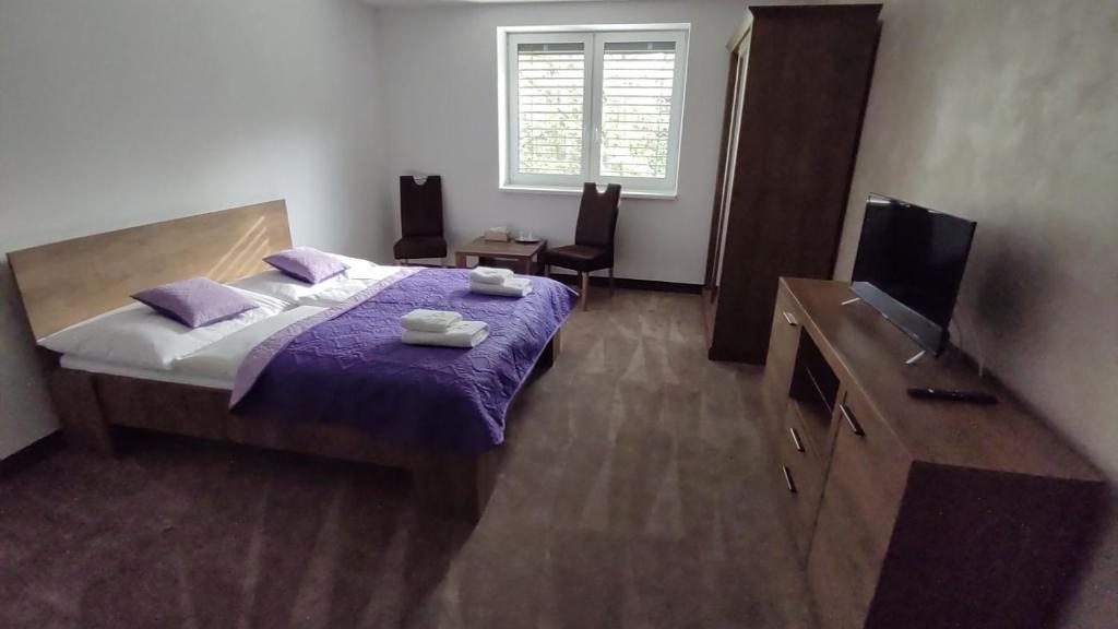 SabinovにあるGÓL CENTRUM RESORTのベッドルーム(紫のシーツが敷かれたベッド1台、テレビ付)