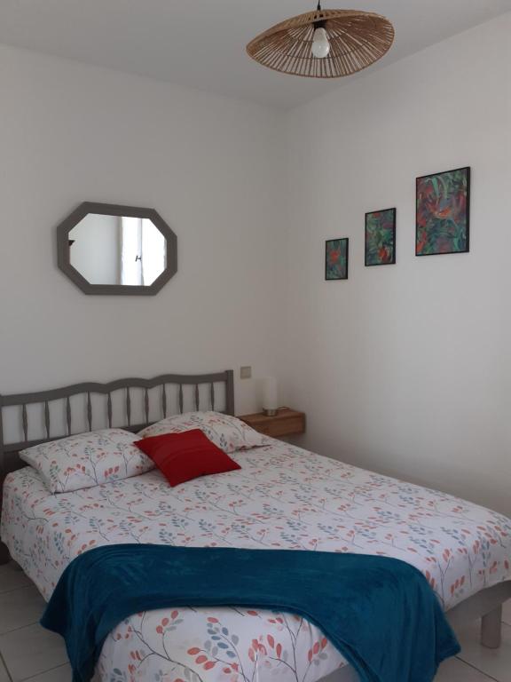 a bedroom with a bed with a red pillow and a mirror at Bompastor in Bompas