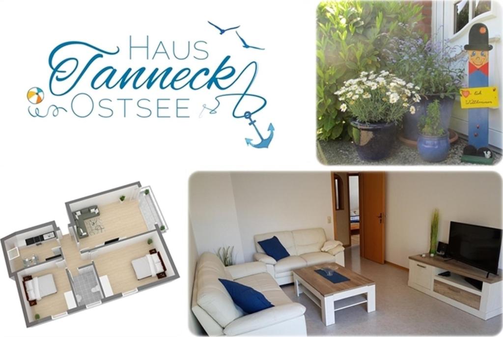 two pictures of a living room with a couch and a table at Haus Tanneck Whg 13 in Kellenhusen