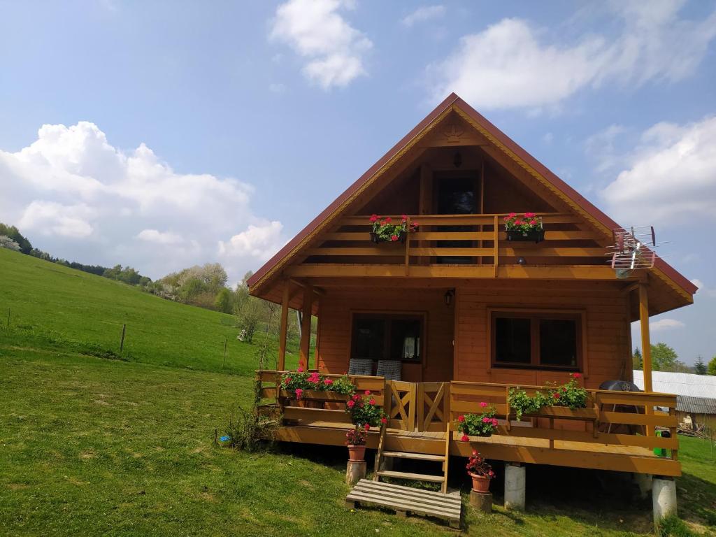 a log cabin with a porch and flowers in a field at Przystanek Bieszczady in Stańkowa