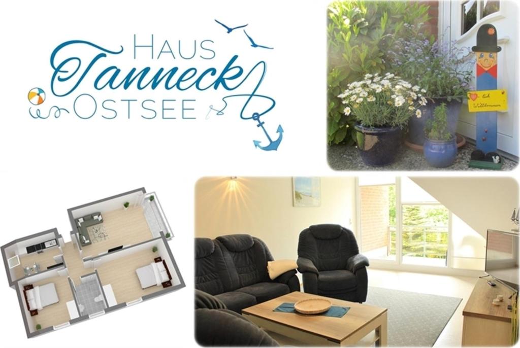 a collage of pictures of a living room and a house at Haus Tanneck, Nr 14 in Kellenhusen