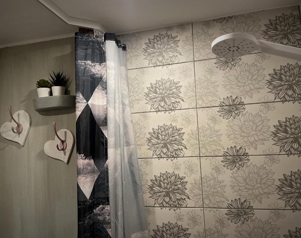 a shower in a bathroom with a shower curtain at Renthouse Guest Apartment ALICE in Paide