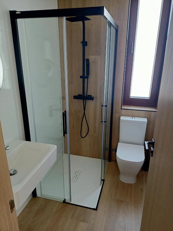 サン・マルティン・デル・カミーノにあるAlbergue La Huellaのバスルーム(トイレ、ガラス張りのシャワー付)