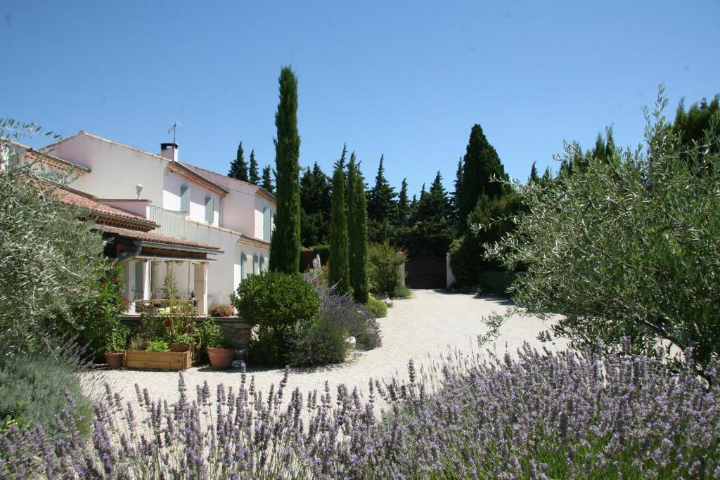 a house with a garden with purple flowers and trees at Mas de l'Estello B&B in Saint-Rémy-de-Provence