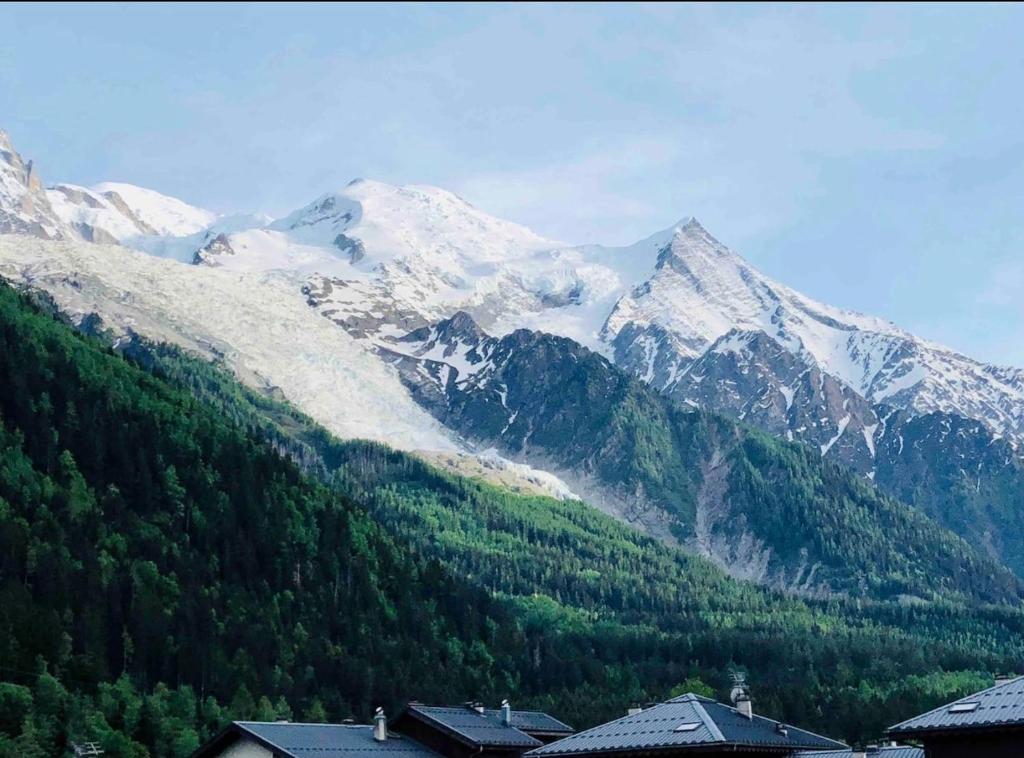 a view of a mountain range with snow covered mountains at Mont Blanc 25, vue Mont blanc, balcon, parking in Chamonix