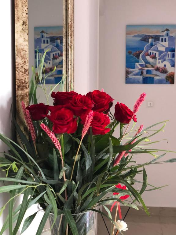 パルガにあるApartments Villa Apostolisの鏡の前に赤いバラが詰まった花瓶