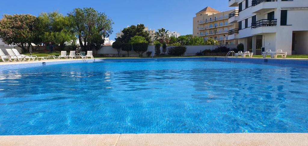 a large blue swimming pool next to a building at Peixe and Barco Studio's in Vilamoura