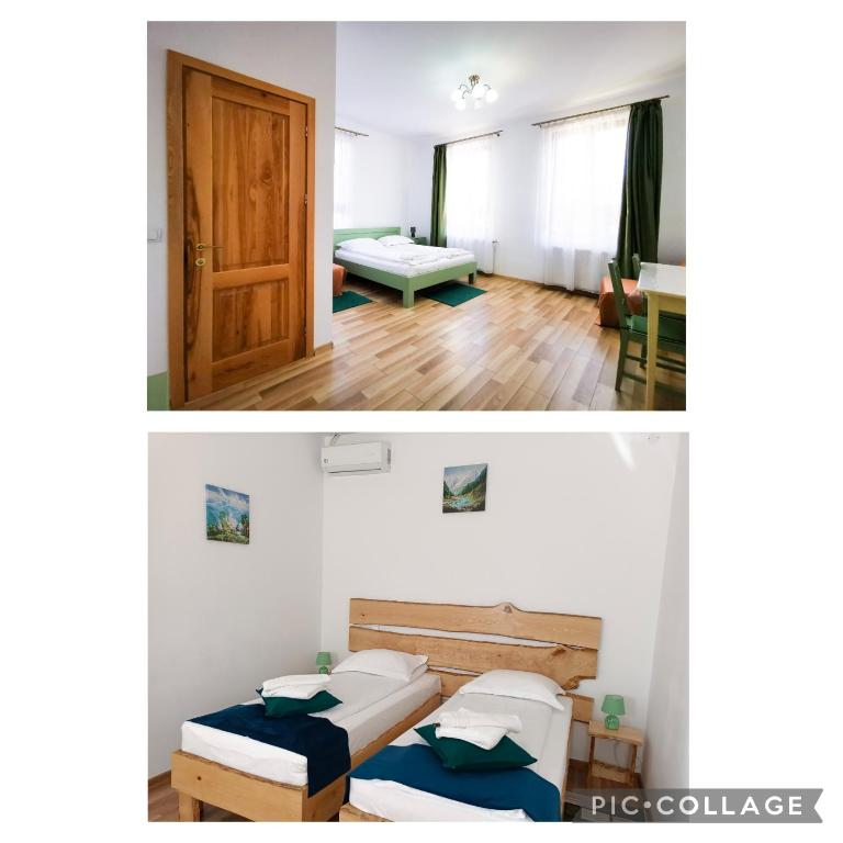 two pictures of a room with two beds and a door at Casa Geppetto in Sibiu