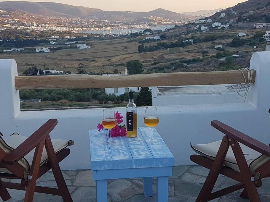 a table with two glasses of wine and a bottle at Evilou's House in Krotiri