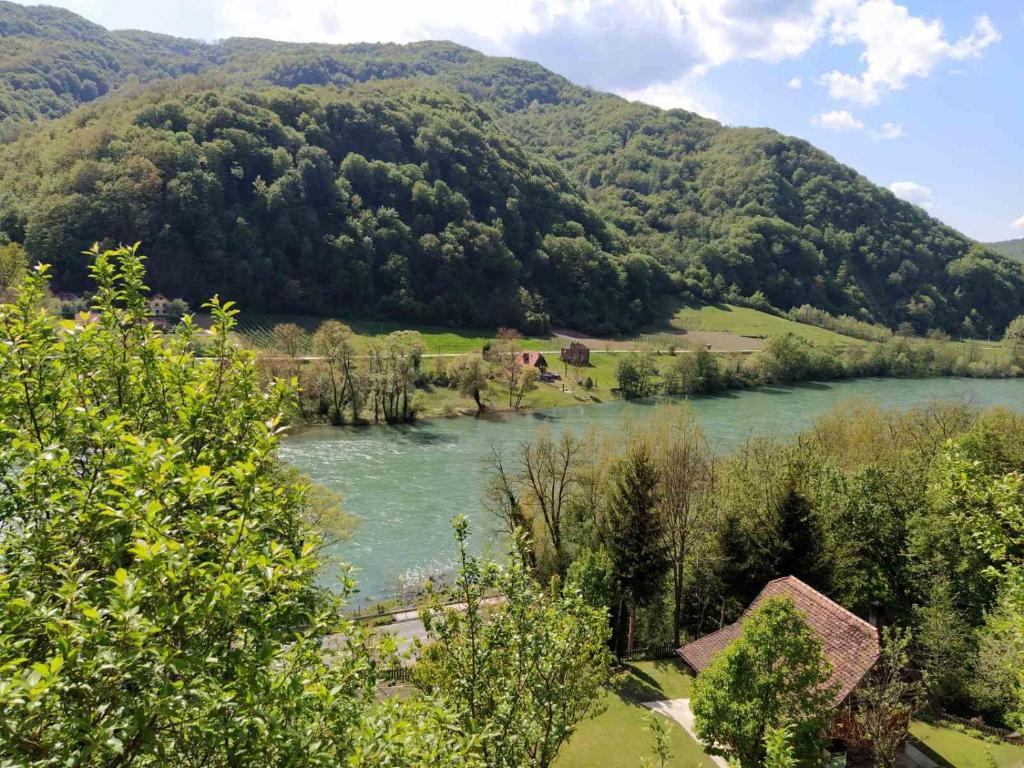 uma vista para um rio com uma montanha ao fundo em Drinski pogled em Bajina Bašta