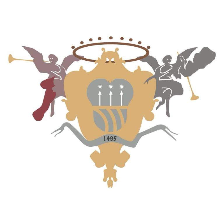 uma ilustração de um escudo com uma bandeira e anjos em Palazzo Porta em Procida