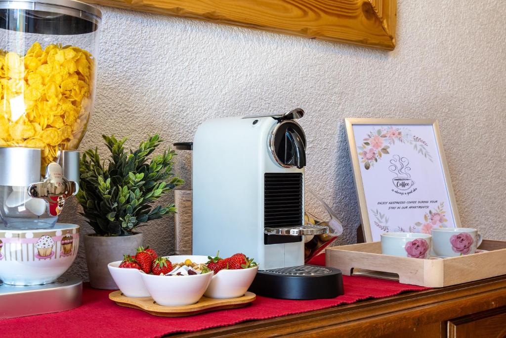een tafel met een blender en kommen met eten bij Apartments Roža in Roč