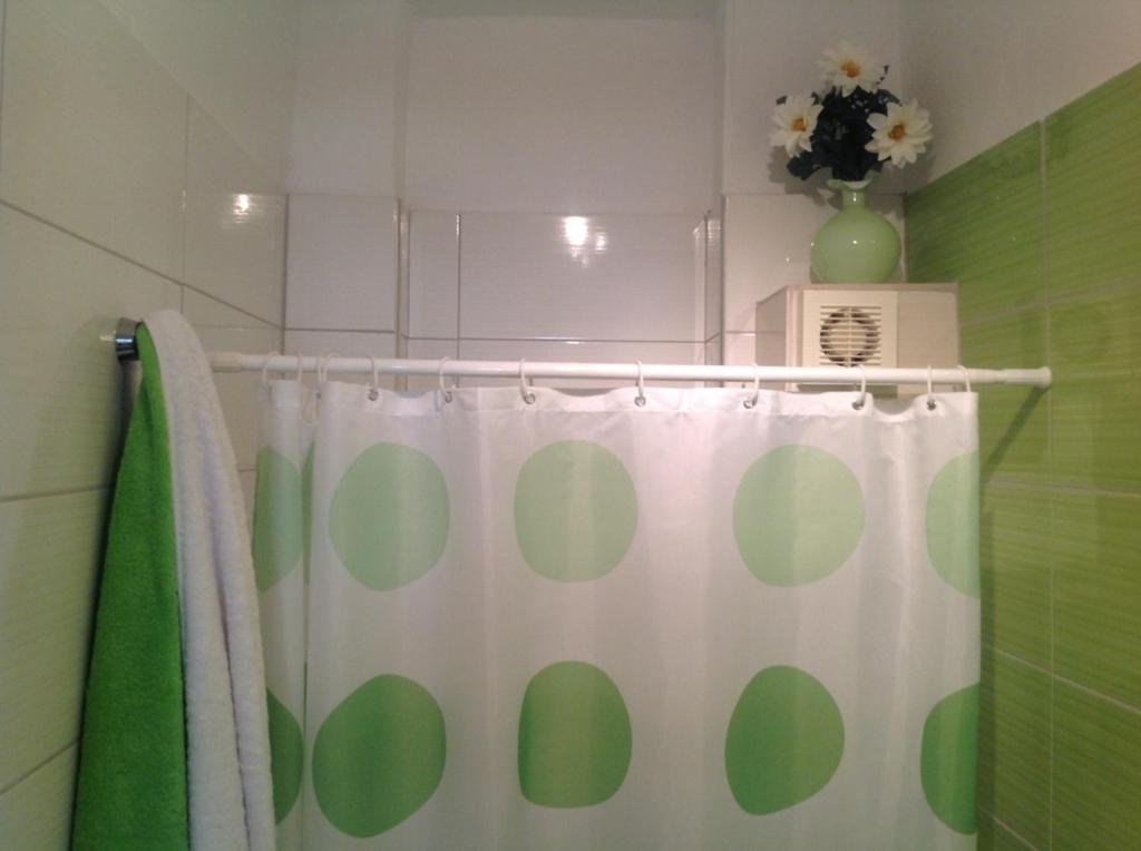 a green and white shower curtain in a bathroom at MyParalia apartament ***** in Paralia Katerinis