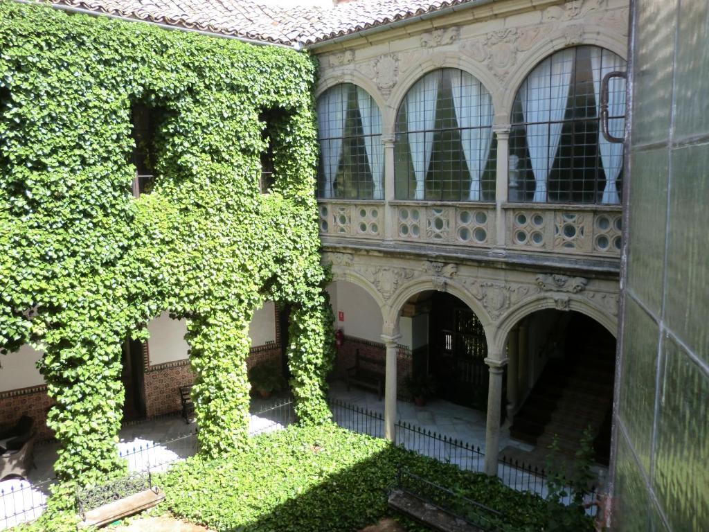 un edificio cubierto de hiedra con ventanas y un patio en Palacio de la Rambla, en Úbeda