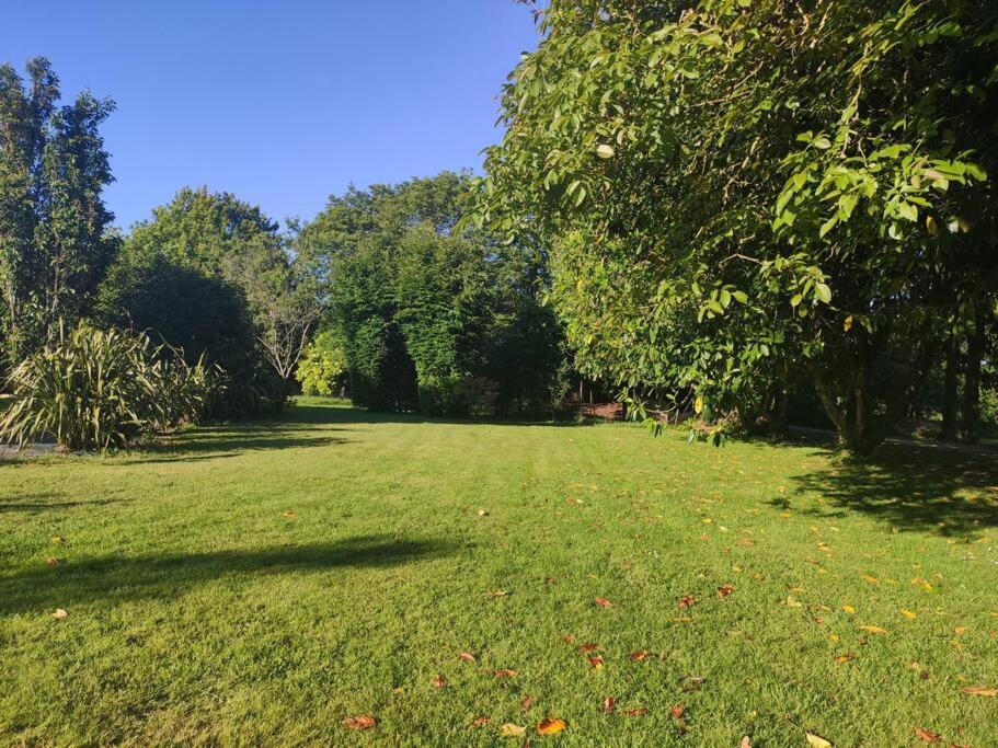 a large grass field with trees in a park at Gîte L'évidence in Saint-Caradec-Trégomel