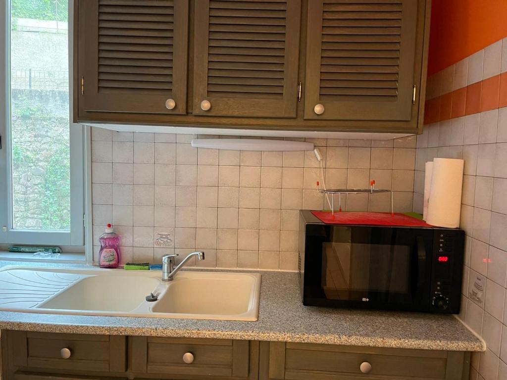 a kitchen counter with a sink and a microwave at Maison au coeur de la rue pietonne in Saint-Jean-Pied-de-Port