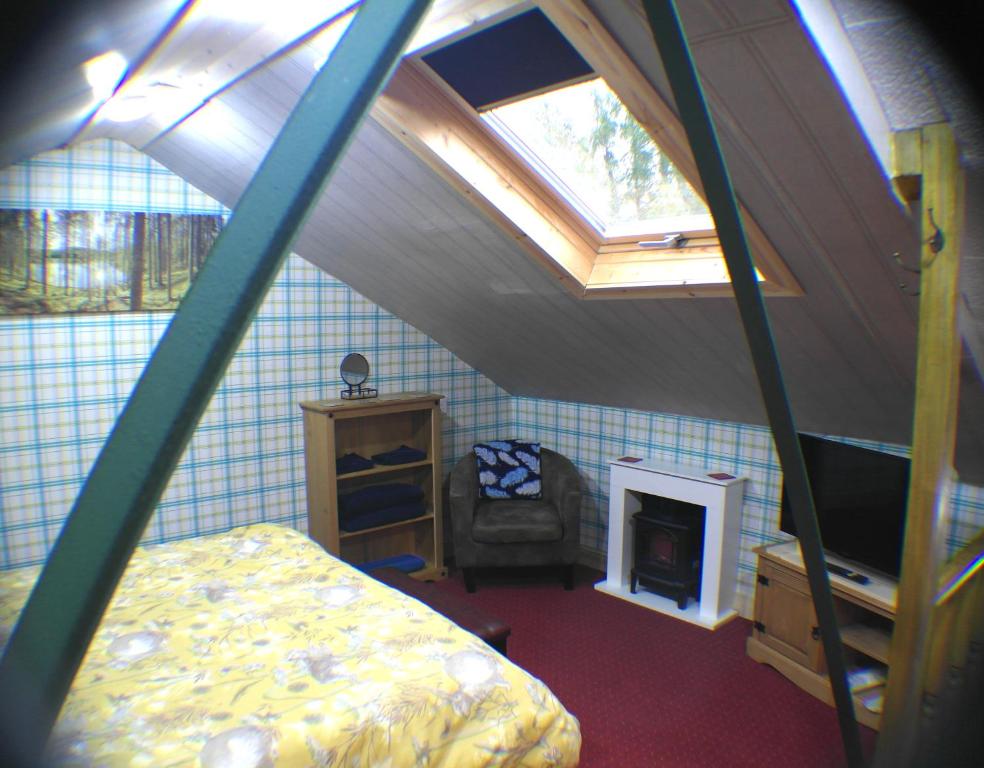 a bedroom with a bed and a tv in a attic at The Steading Country Self Catering in Drumnadrochit