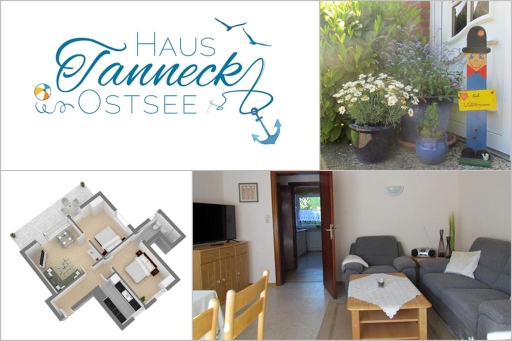 a collage of pictures of a living room and a house at Haus Tanneck, Nr 9 in Kellenhusen