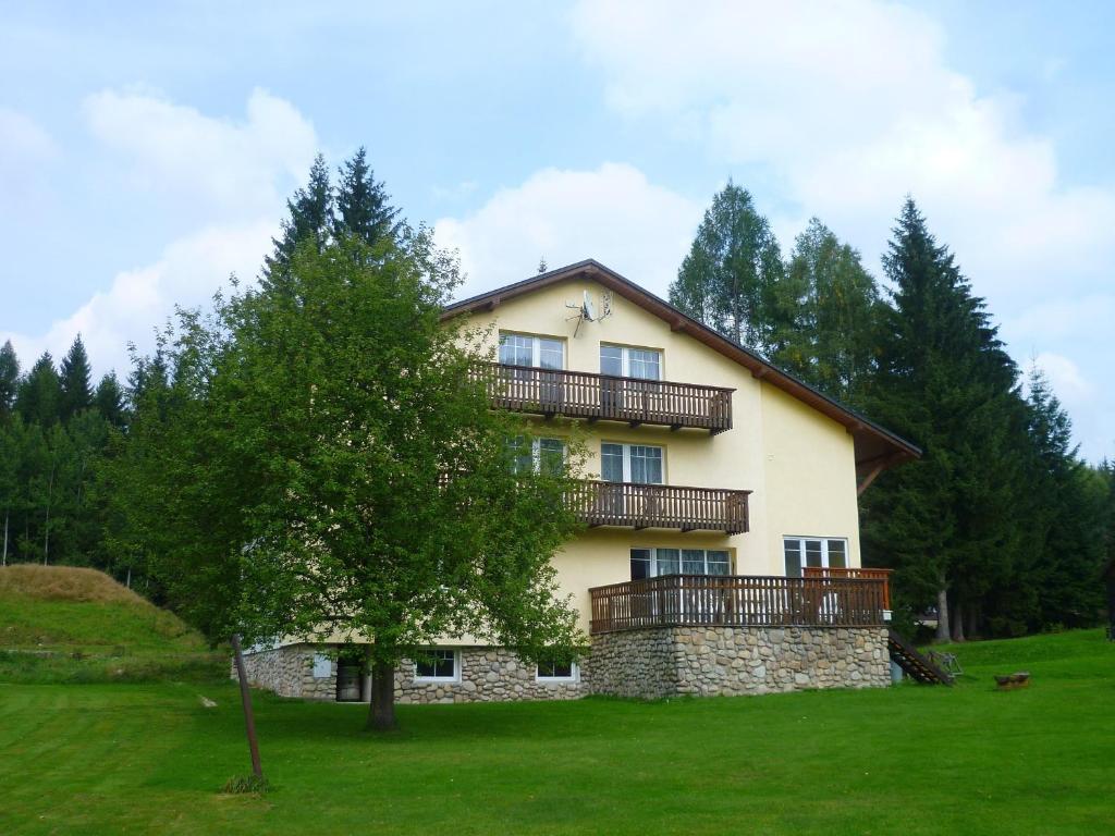 een groot huis op een heuvel met een boom bij Pension Migr in Harrachov