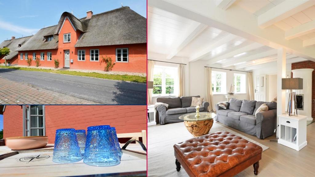 two pictures of a living room and a house at Reethus Doerpsend Haus 2 in Midlum