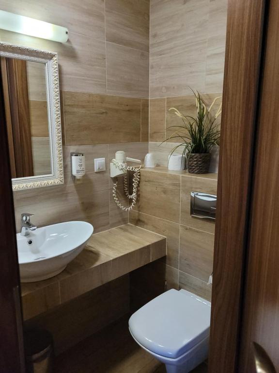 La salle de bains est pourvue d'un lavabo, de toilettes et d'un miroir. dans l'établissement Virgo B&B Biznes Rumia, à Rumia