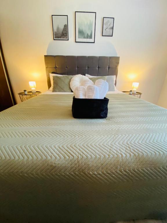 a bed with a box of pillows on it at Mara apartment in Băile Herculane