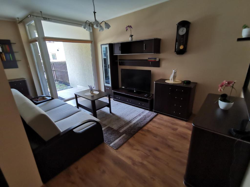 uma sala de estar com um sofá e uma televisão de ecrã plano em Apartament Witosa em Giżycko