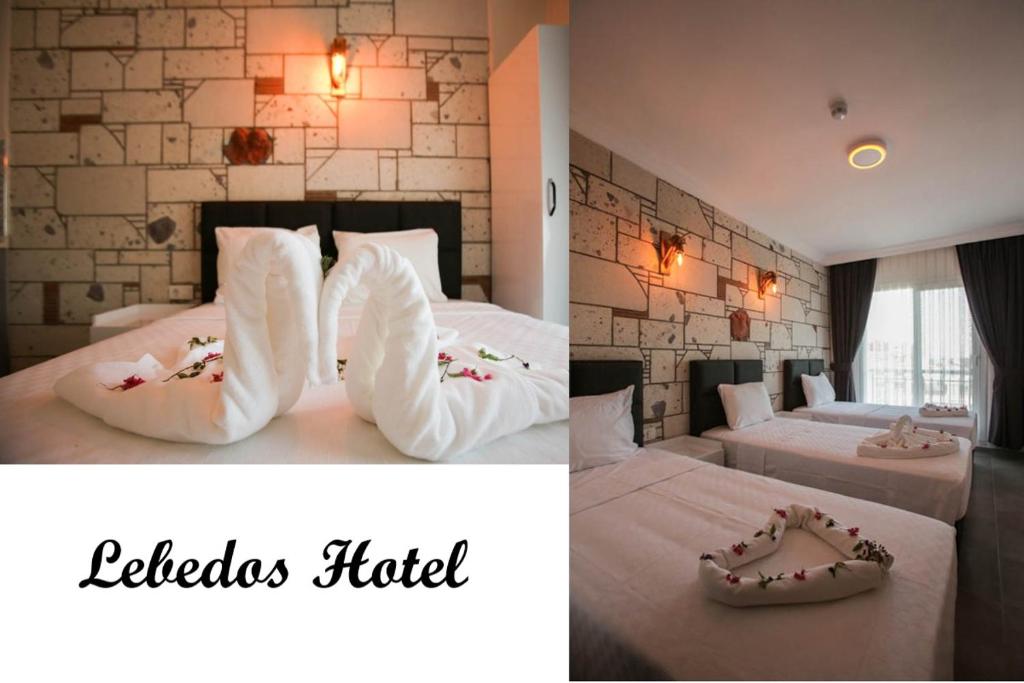 two pictures of a hotel room with two beds at Lebedos Apart Hotel in Gumuldur