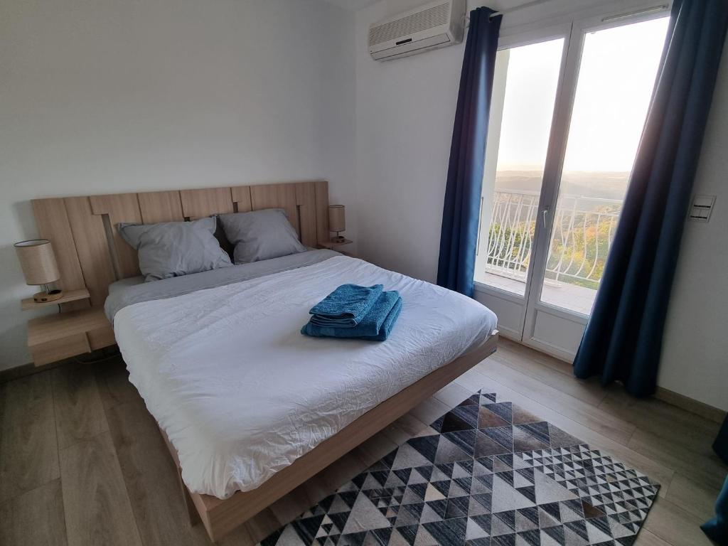 ein Schlafzimmer mit einem Bett und einem großen Fenster in der Unterkunft Casa Di Vadella in Santʼ Andrea-di-Cotone