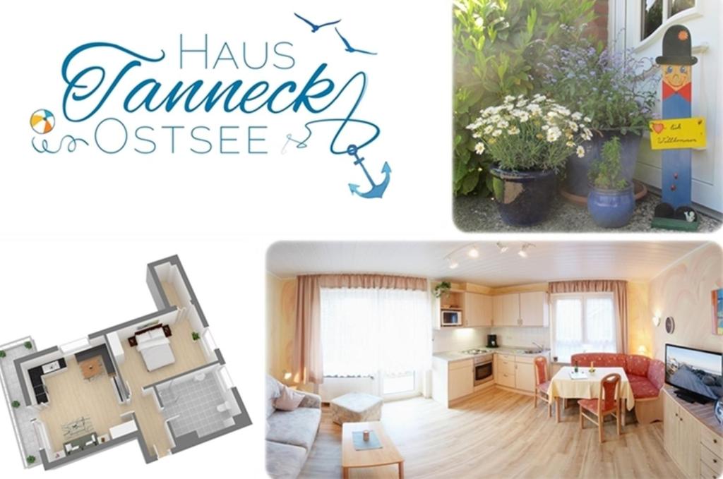 a collage of photos of a living room and a house at Haus Tanneck Whg 7 in Kellenhusen