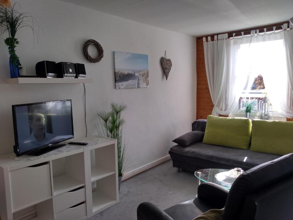 a living room with a couch and a television at Apartment Ostsee Haus Sandra in Dahme