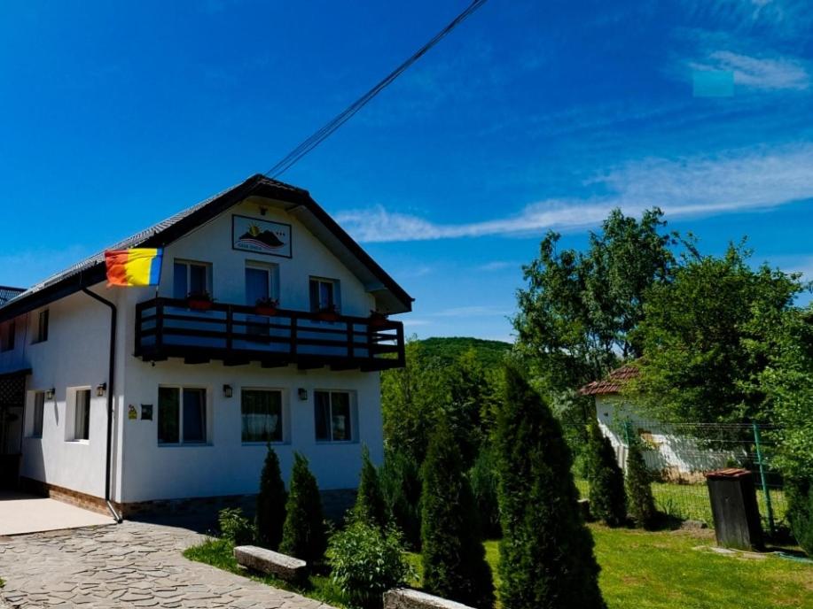 a white house with a flag on top of it at Pensiunea Casa Ghica in Valea Sălciilor