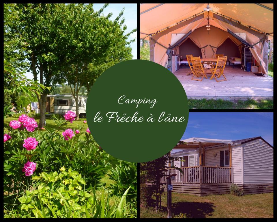 a collage of photos with a tent and flowers at Camping le Frêche à l'Âne in Pléboulle