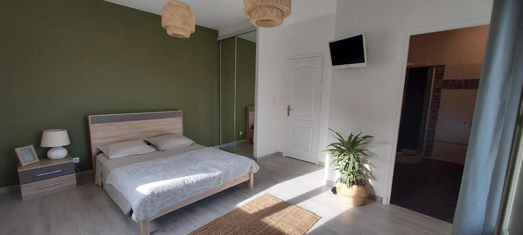 una camera da letto con un letto con pareti verdi e una TV di Chambre avec terrasse a Sarrians