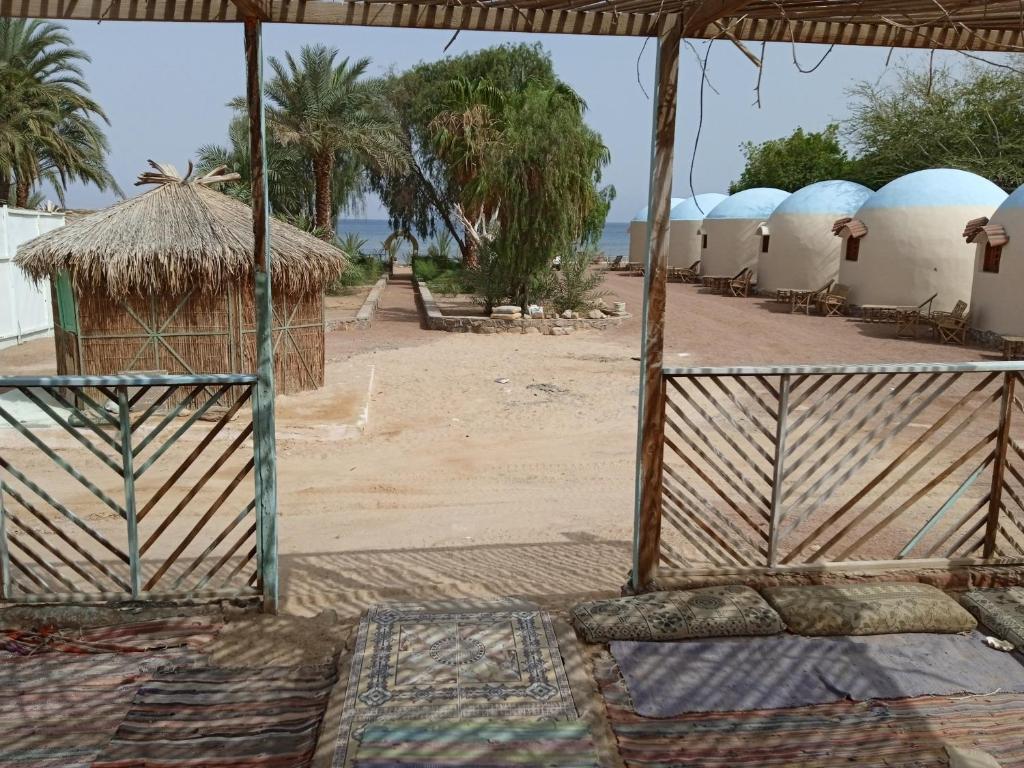 a view of a beach with a group of huts at sababa village in Nuweiba