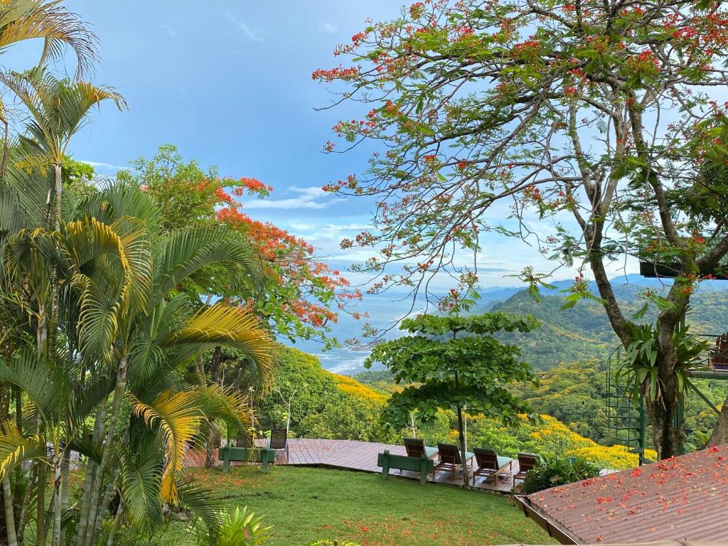 un jardín con sillas y vistas a las montañas en Pacific Edge Eco Lodge en Dominical
