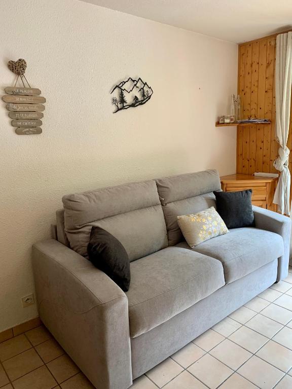 - un canapé gris dans le salon dans l'établissement Studio Montagne pieds des pistes et départ de randonnée Été comme Hivers, à Morzine