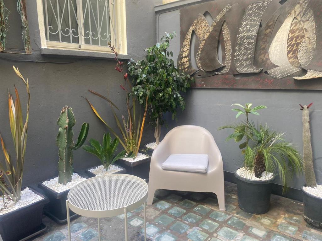 a patio with a chair and a bunch of plants at Bel Appart Cosy plein coeur de Tanger vue mer in Tangier