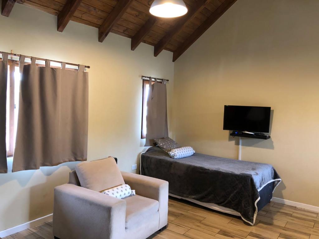 ein Wohnzimmer mit einem Sofa, einem Bett und einem TV in der Unterkunft Departamentos Serendipia Dina Huapi in Dina Huapi