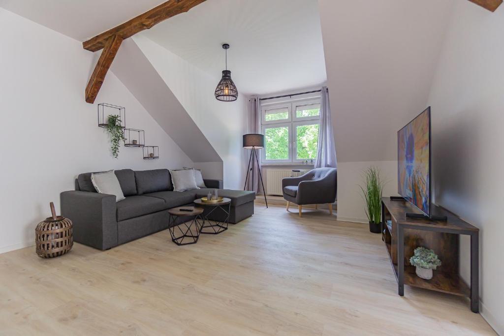 ein Wohnzimmer mit einem Sofa und einem TV in der Unterkunft Lausitz-Apartment, 80m2, Waschtrockner, 2 x Parkplätze, Küche, Netflix in Cottbus