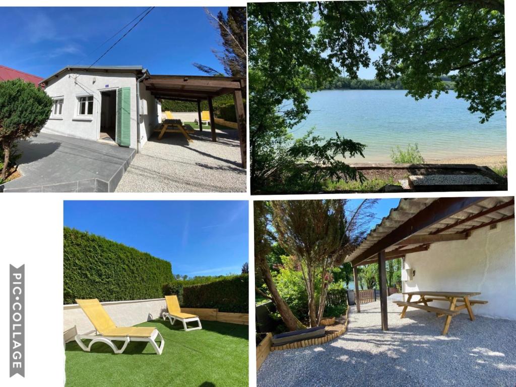 a collage of three pictures of a house at Maison bord de lac de charmes in Bannes