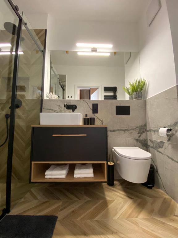 łazienka z umywalką, toaletą i lustrem w obiekcie P&A APARTAMENT w Gąskach