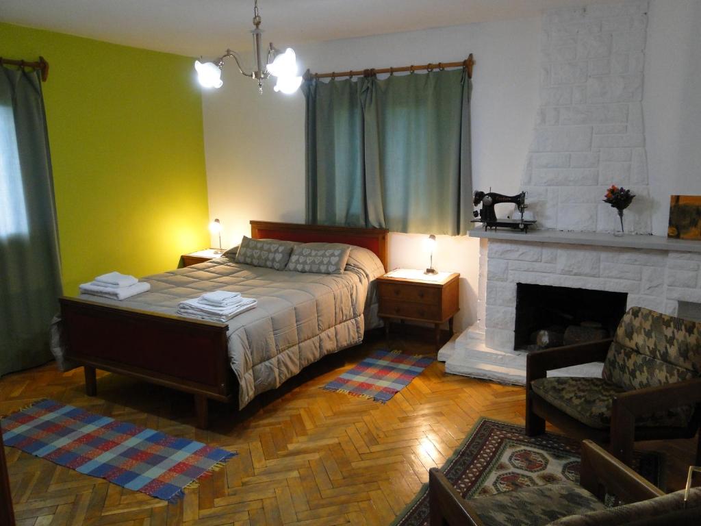 1 dormitorio con 1 cama y chimenea en Hospedaje Amilcar en Esquel