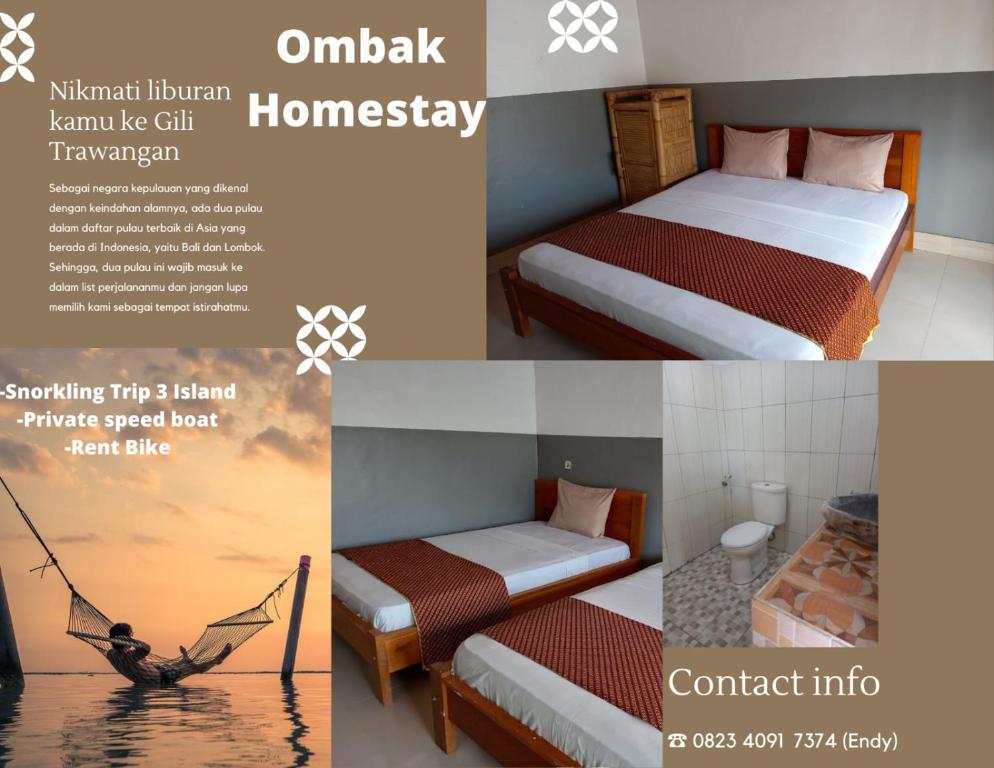 a collage of three pictures of a room with two beds at Ombak Homestay in Gili Trawangan