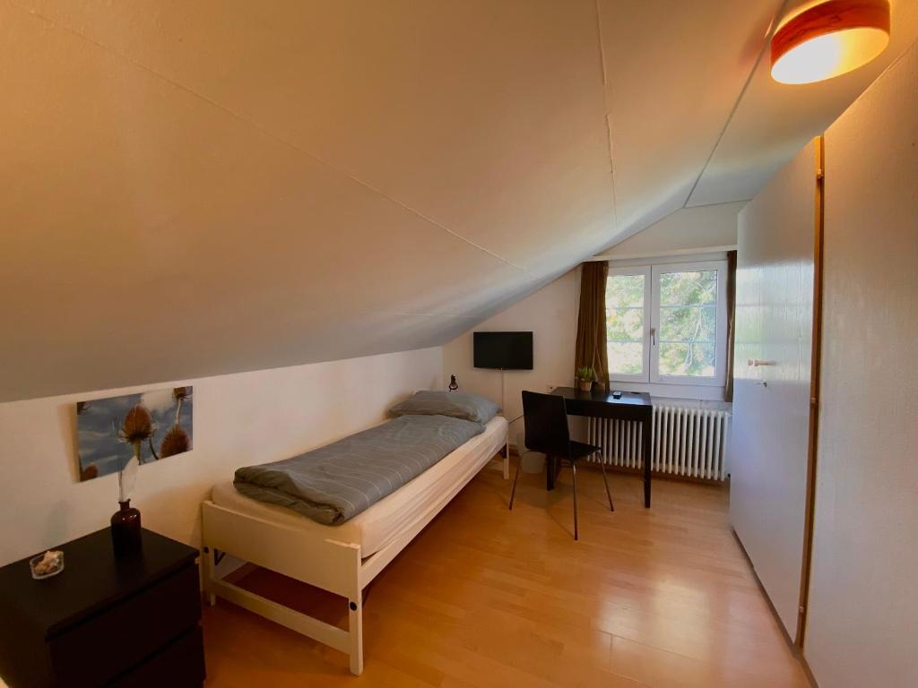 um quarto com uma cama e uma secretária num quarto em Budgetapartment Rheinfall von Swisspartments em Arbon