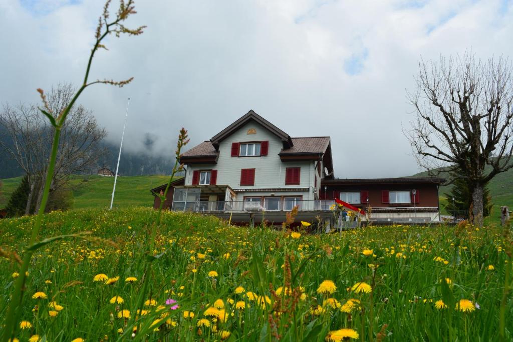 una casa en una colina con un campo de flores en Gasthaus Schwand en Engelberg